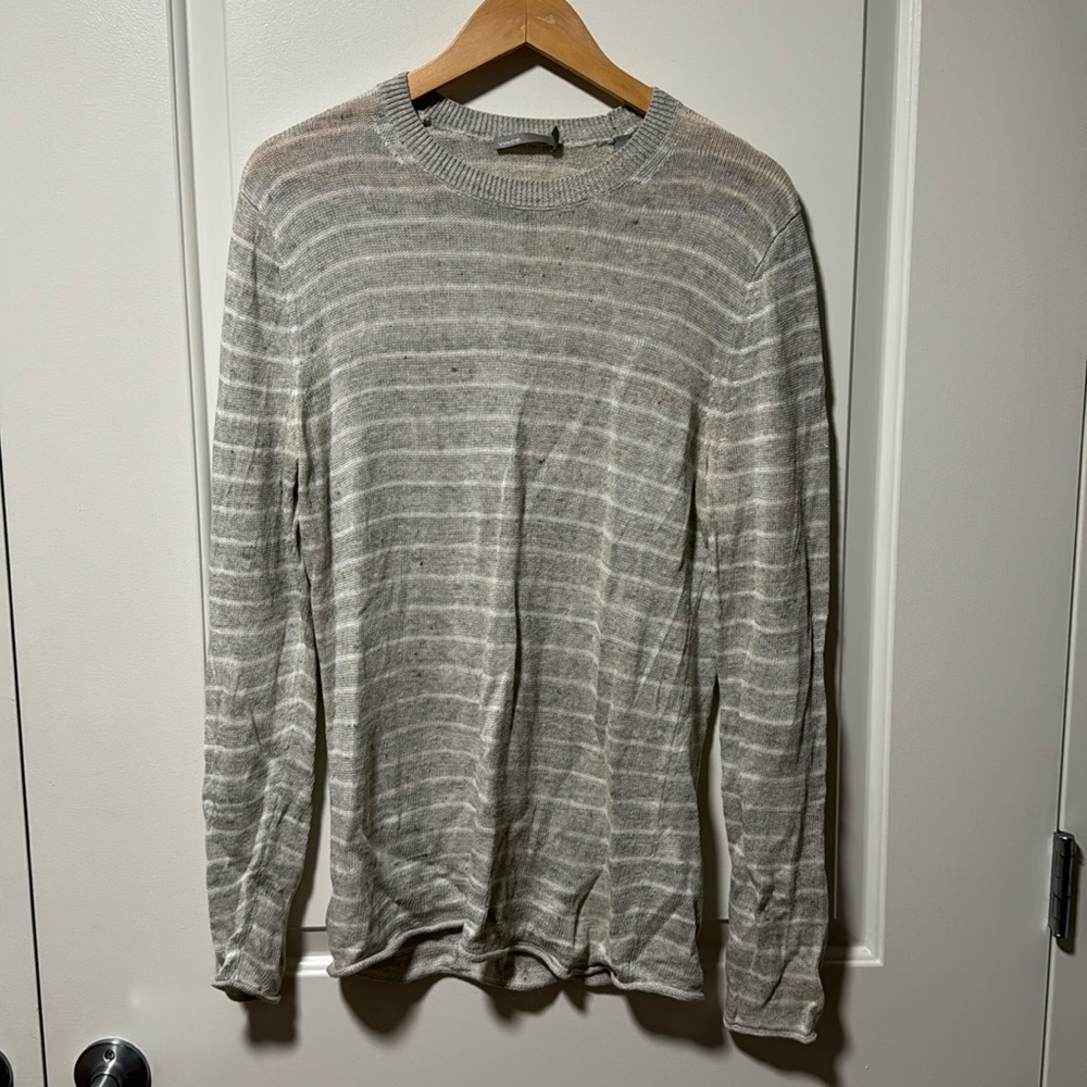 Vince light gray and white striped linen beach sweater in size small